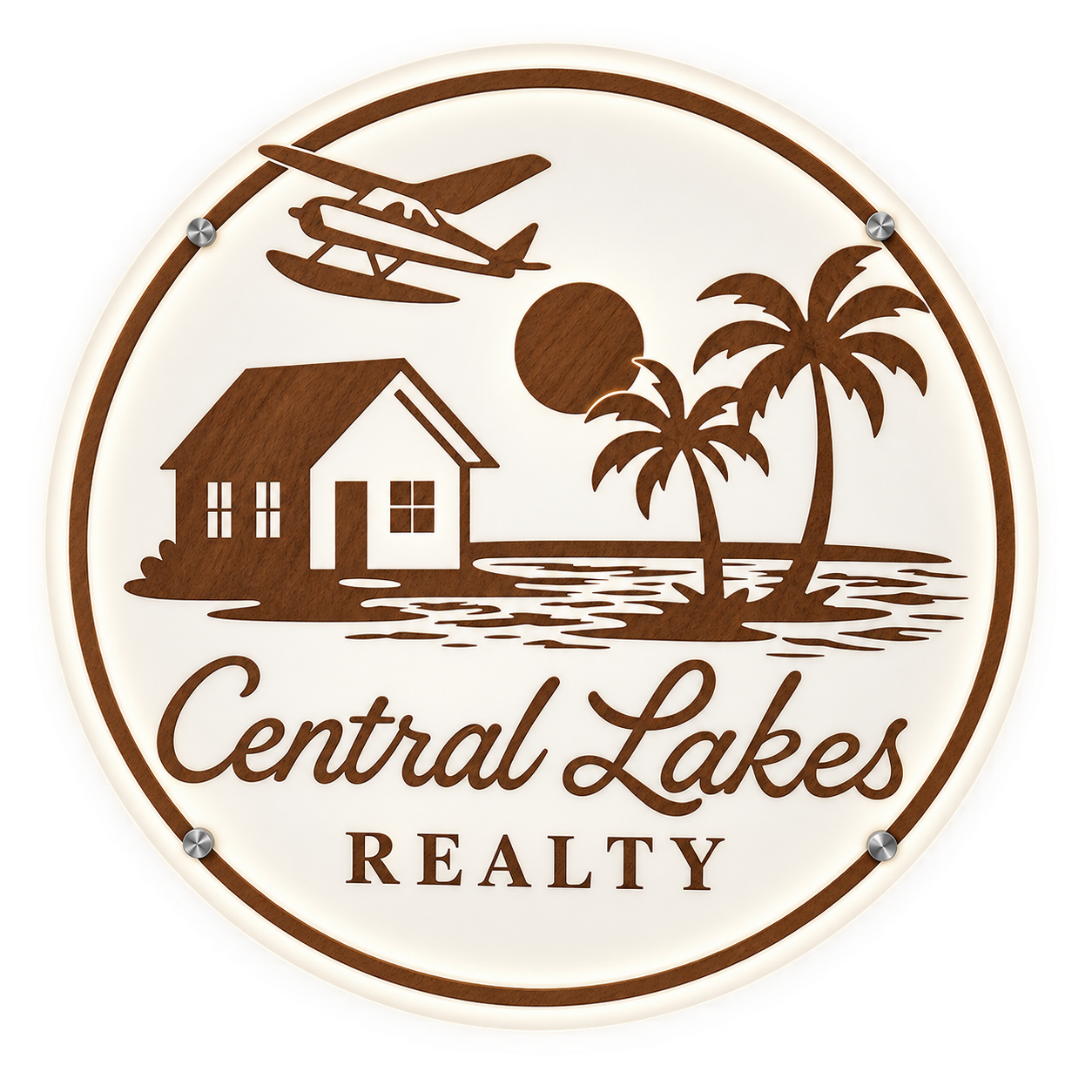 Central Lakes Realty carved wooden sign with a seaplane, lakefront home and palm trees